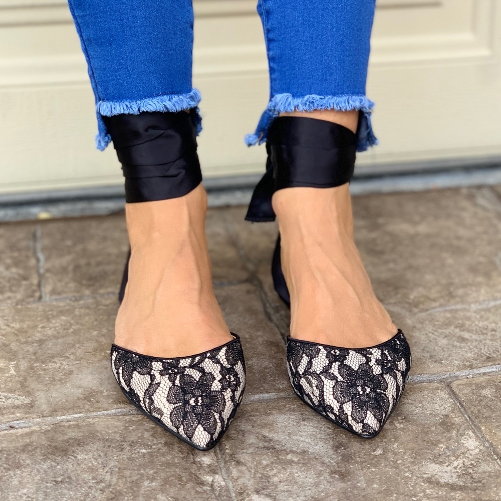 Satin Laces Ankle Wrap Pointed Toe Flats - Picture 6 of 6